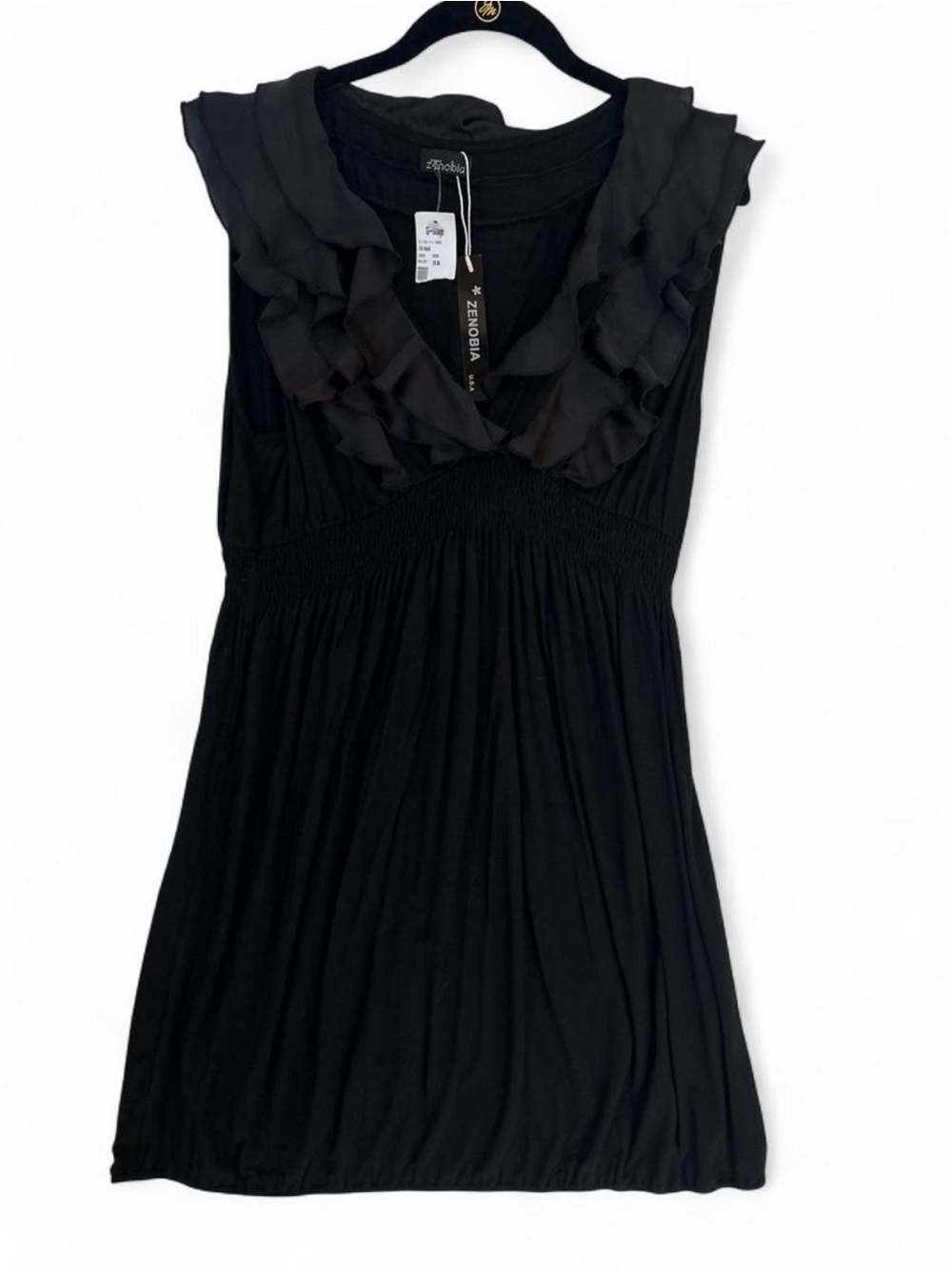Plus Size Black Ruffle V-Neck, elastic waist, slightly gathered hem mini dress.